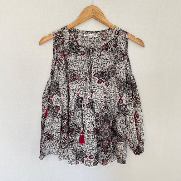 REBECCA MINKOFF Size Small Cold Shoulder White Black & Red Paisley Print Blouse - Picture 7 of 7